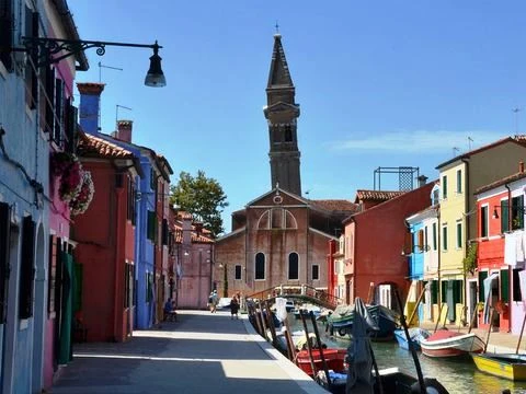 The leaning bell tower on the island of Burano in the Venice lagoon